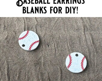 May include: Two baseball earring blanks for DIY projects. Each blank is a small, round, white disc with red stitching details, resembling a baseball. The text "BASEBALL EARRINGS BLANKS FOR DIY!" is at the top.