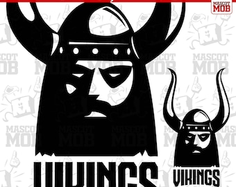Może przedstawiać: Czarno-biała sylwetka wikinga w hełmie z rogami. Wiking ma groźny wyraz twarzy i trzyma miecz. Pod wikingiem widnieje napis "VIKINGS".
