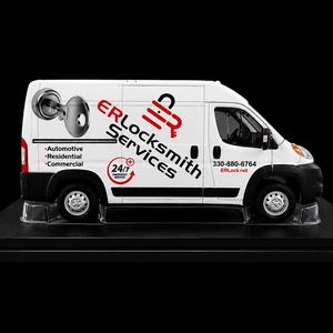 May include: A white scale model van featuring the text ERLocksmith Services, a red padlock logo, and a silver key graphic. The side displays Automotive, Residential, Commercial, 24/7 Emergency Services, the phone number 330-880-6764, and ERLock.net.