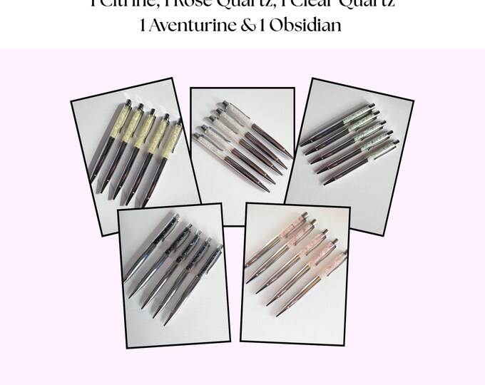 Crystal Pen Set of 5 – Aventurine, Citrine, Rose Quartz, Clear Quartz and Obsidian Healing Gemstone Pens for Journaling, Manifestation