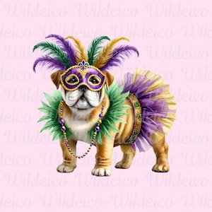 Bulldog Mardi Gras PNG Carnival Festival Party Parade Bully Pup Puppy Dog Pet Owner Lover Holiday Themed Adorable Trendy Design Download
