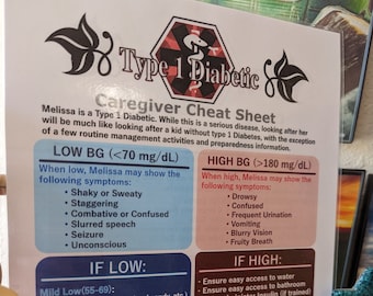 Personalized Type 1 Diabetic Caregiver Cheat Sheet - Laminated