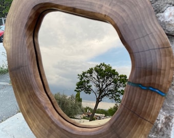 Handmade Walnut Wood Live Edge Mirror:  Natural Grain Decor