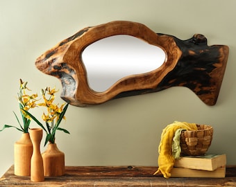 WALNUT WOOD MIRROR, Bronze Color Mirror, Smoked Color Mirror, Normal Color Mirror, Aesthetic Handmade Natural Wood Live Edge Mirror