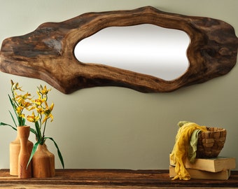 WALNUT WOOD MIRROR, Bronze Color Mirror, Smoked Color Mirror, Normal Color Mirror, Aesthetic Handmade Natural Wood Live Edge Mirror