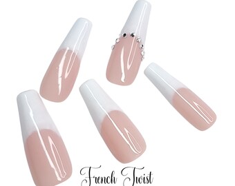 French Twist | Pink and White French Nails Bling | Luxury Handmade Press On Nails