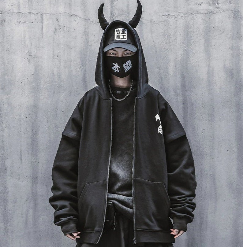 Devil Horns Techwear Detachable Punk Hoodie Project L | Etsy