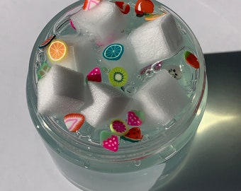 fruity cubes // crystal clear slime with foam jelly cubes and polymer clay fruit sprinkles // unscented slime