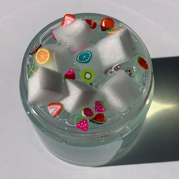 fruity cubes // crystal clear slime with foam jelly cubes and polymer clay fruit sprinkles // unscented slime