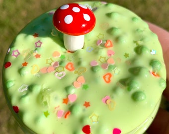 Magic Mushroom Macaroon // thick and glossy crunchy floam top slime with heart glitter and mushroom cabochon