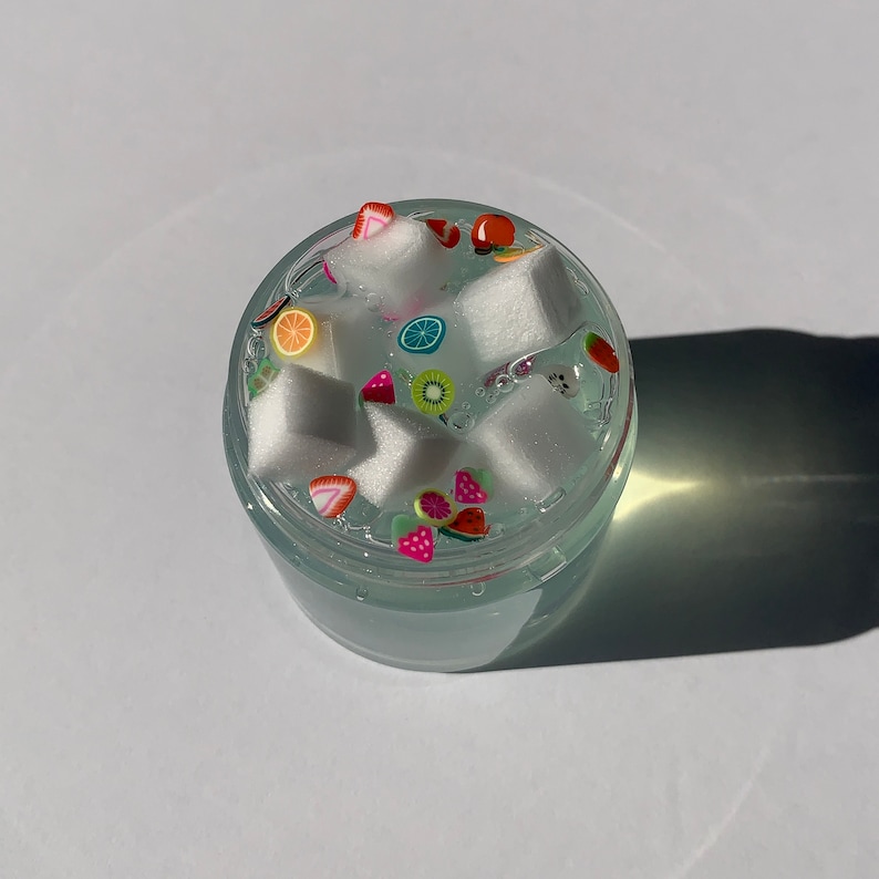 fruity cubes // crystal clear slime with foam jelly cubes and polymer clay fruit sprinkles // unscented slime image 2