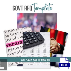 May include: A document with the text "GOVT RFQ Template" at the top. The document includes a calculator, a handshake, and a page of text with the word "government" highlighted in pink. The document is labeled "DOC".