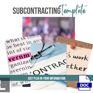 May include: A document with the word "CONTRACT" in large, bold letters. A pair of glasses and a pen are on the document. A sticky note with the text "It's work together" is pinned to a corkboard. The text "JUST PLUG IN YOUR INFORMATION." is below the document. A document icon with the word "DOC" is in the bottom right corner.