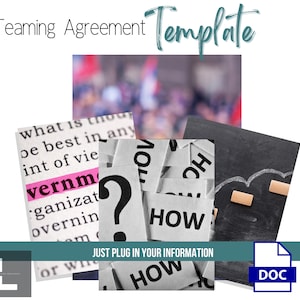 May include: A black and white image with the text "Teaming Agreement Template" in teal blue. The image also includes a blurred image of a crowd of people, a dictionary page with the word "vernm" highlighted in pink, a question mark, and a chalkboard with the word "HOW" written on it.