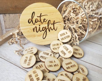 Date Night Token Jar, Personalized, Couple Ideas, Birthday Gift, Anniversary, Date Jar, Engraved Wooden Jar, Couples Games, Up to 40 Ideas