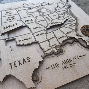 Personalized Travel Map, 50 States USA Map, Removable Pieces, Puzzle Pieces, Customized, Travel Gift, Momento, Couple Gift, Wood Engraved