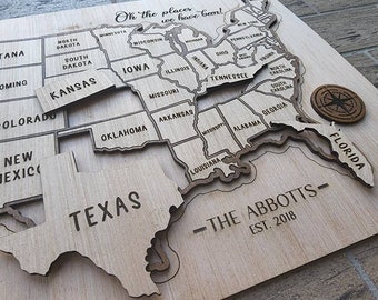 Personalized Travel Map, 50 States USA Map, Removable Pieces, Puzzle Pieces, Customized, Travel Gift, Momento, Couple Gift, Wood Engraved