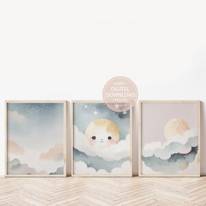 Nursery Wall Art Kawaii Celestial Theme, Moon and Stars Art Print Set, Soft Tones Watercolor Baby Room Decor, Printable Kids Room Art