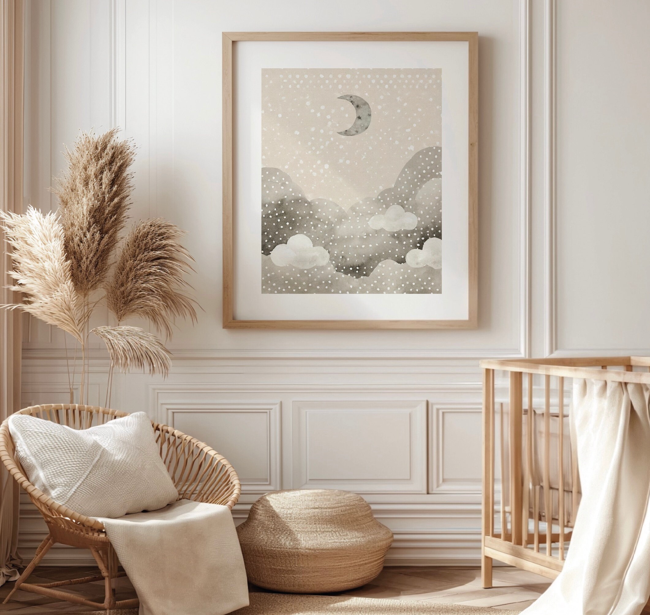 Nursery Digital Prints Set of 3, Watercolor Moon and Stars Wall Art ...
