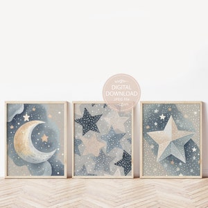Nursery Moon and Stars Digital Prints, Set of 3 Wall Art, Neutral Nursery Decor, Kids Room Downloadable Artwork