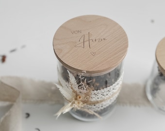 Barattolo portaoggetti 'dal cuore' | Barattolo portaoggetti con coperchio in legno inciso | Idea regalo | Souvenir | Grazie | Un piccolo pensiero