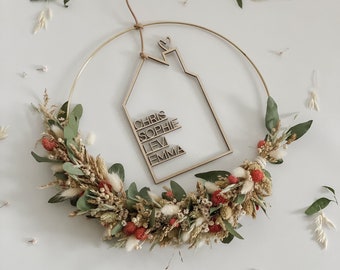 Dried flower wreath with wooden sign I door wreath dried flowers eucalyptus-beige-red I wall wreath I flower wreath