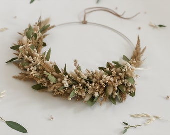 Couronne de fleurs séchées avec panneau en bois I couronne de porte fleurs séchées eucalyptus-beige-marron I couronne murale I couronne de fleurs