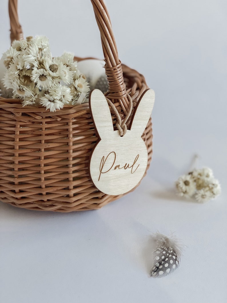 Cesta de Pascua personalizada Nido de Pascua I colgante conejito para cesta de Pascua I Decoración de Pascua I colgante de madera grabado imagen 2