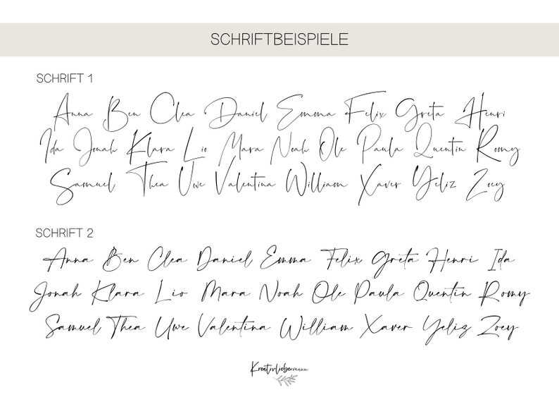 May include: A digital design showcasing two different handwritten font styles. The first font displays names like Anna, Ben, and Daniel. The second font also displays names, including Anna, Ben, and Daniel, in a similar style.