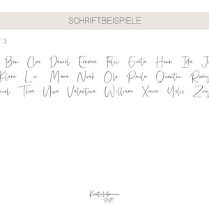 May include: A white background with the text "SCHRIFTBEISPIELE" at the top and "SCHRIFT 3" on the left. Below are names in a cursive font, including Anna, Ben, and Daniel. The bottom has a logo and text.