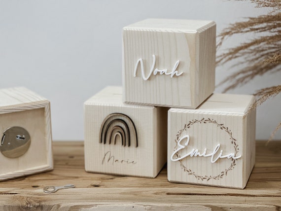 Personalisierte Spardose aus Holz I Spardose mit Namen I Geschenk zur Geburt, Taufe oder Einschulung