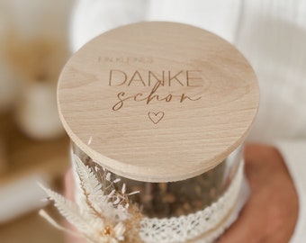 Słoik do przechowywania „Małe podziękowanie” I Słoik do przechowywania z grawerowaną drewnianą pokrywką I Pomysł na prezent dla nauczycieli, wychowawców, współpracowników I Pamiątka