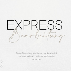 Puede incluir: Gráfico de texto en blanco y negro con las palabras "EXPRESS Bearbeitung" y el texto "Deine Bestellung wird bevorzugt bearbeitet und innerhalb der nächsten 48 Stunden versendet."