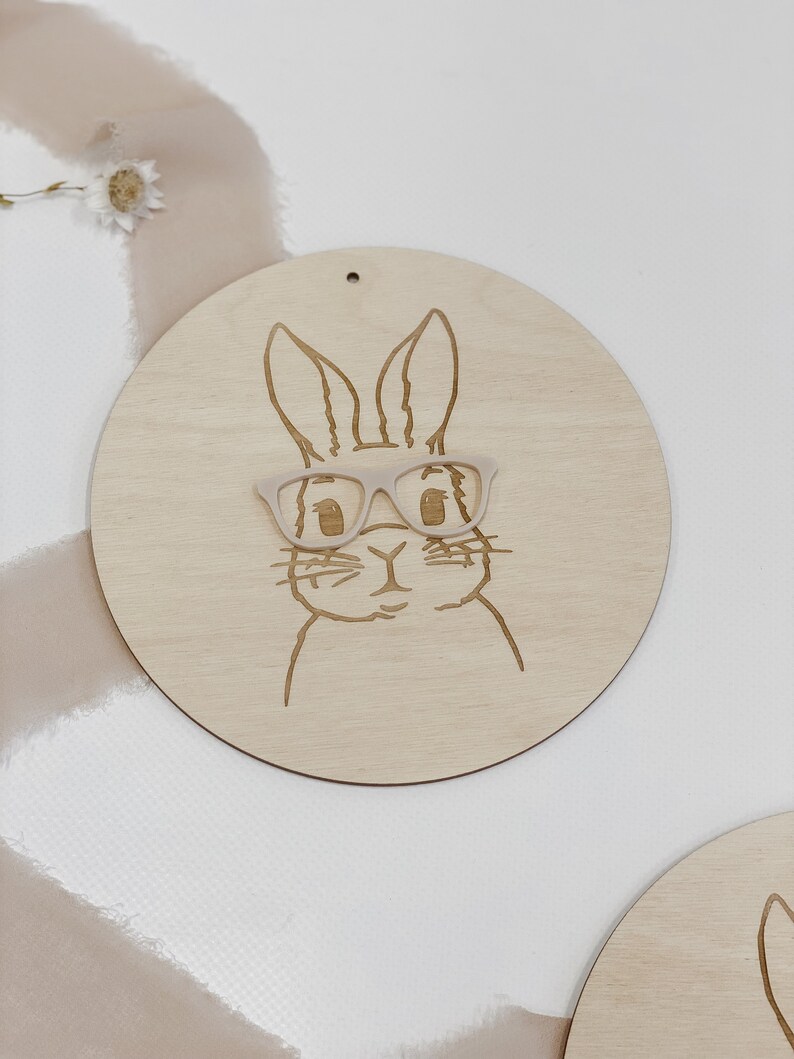 Panneau en bois Lapin avec lunettes I Décoration de Pâques avec fleurs séchées I Couronne de porte de Pâques I échange disque couronne de fleurs séchées image 3