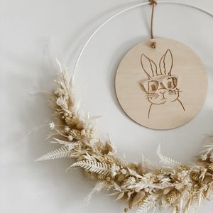 Panneau en bois Lapin avec lunettes I Décoration de Pâques avec fleurs séchées I Couronne de porte de Pâques I échange disque couronne de fleurs séchées image 2