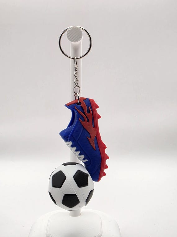 Football Boot & Mini spinning Ball Keychain – Blue/Red Cleat Keyring