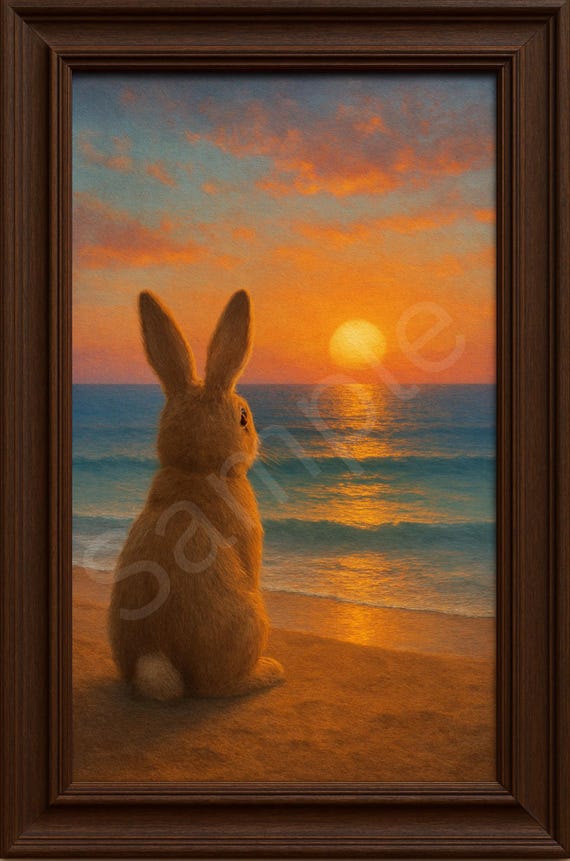 Rabbit Sat on beach Watching Sunset Over the Sea