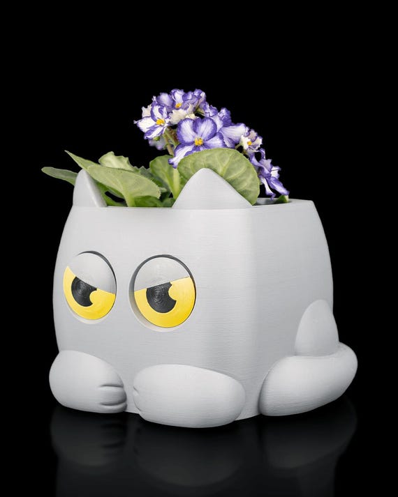 3D Printed Cat Planter – Grey PLA Animal Pot for Succulents, Flowers