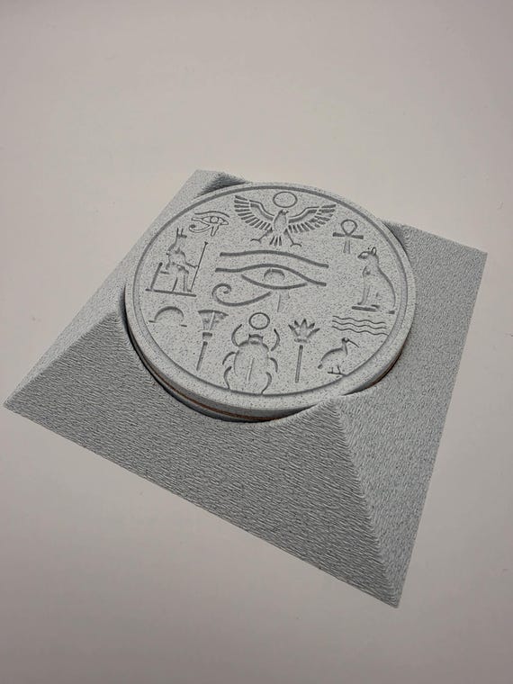 3D Printed Egyptian Symbol Stone Relief Sculpture Drinks Coasters– Ankh & Scarab Engraving – Mystical Home Decor – Ancient Style Ornament