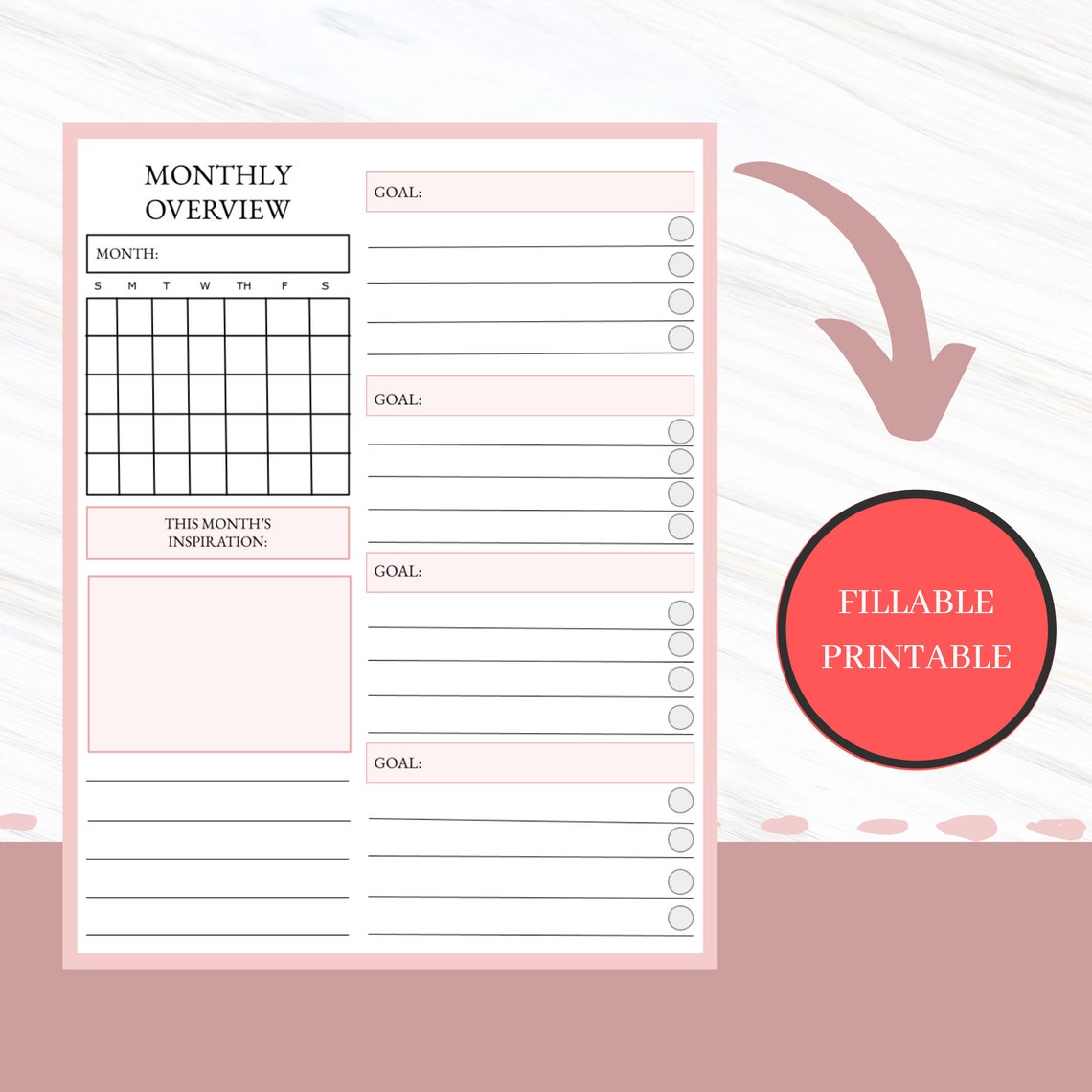Monthly Overview Printable Planner Monthly Calendar PDF Goal | Etsy