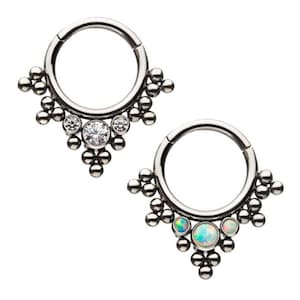 Titanium w/3 cluster bezel set CZ/Opal & trio beads v-shape front facing clicker | opal ring | clear CZring | septum jewelry | daith jewelry