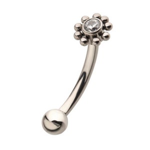 Titanium internally threaded curved barbell with fixed CZ flower | rook jewelry | vertical labret jewelry | eyebrow jewelry | flower jewelry