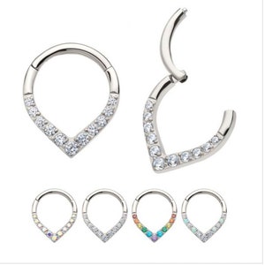 Titanium CNC Set Round CZ/Opal Front Facing Teardrop Shape Hinged Segment Clicker | septum jewelry | daith jewelry  | rainbow gems
