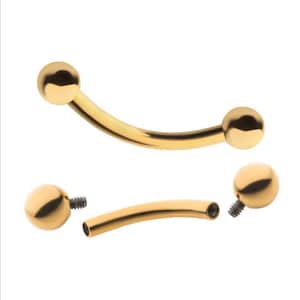 24kt gold PVD titanium internally threaded curved barbell | gold eyebrow ring | gold vertical labret jewelry | gold rook jewelry |
