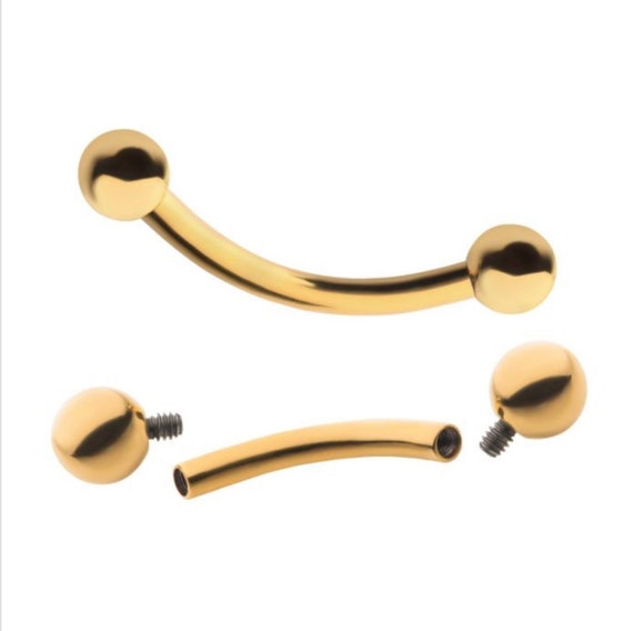 24kt gold PVD titanium internally threaded curved barbell | gold eyebrow ring | gold vertical labret jewelry | gold rook jewelry |