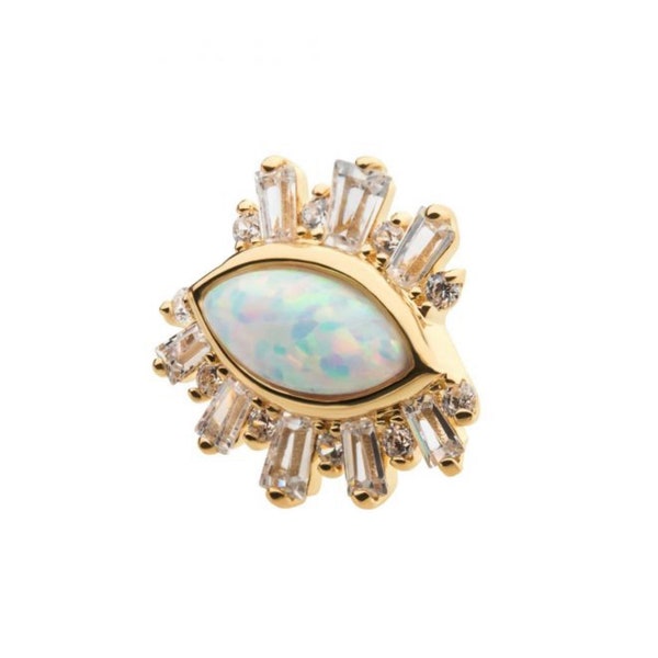 14kt yellow gold threadless w/marquise white opal, baguette clear CZ evil eye earring | post included | yellow gold earring | evil eye | 20g