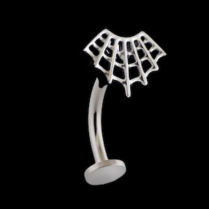 Op de afbeelding: Een zilverkleurige wenkbrauwpiercing met een spinnenwebontwerp. De gebogen barbell heeft een platte, ronde basis en een decoratieve webvormige bovenkant. De sieraden zijn geplaatst tegen een zwarte achtergrond.