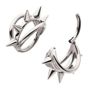 Titanium or gold Five-Spiked Open Stack Triple Hoop Hinged Segment Clicker | spike septum | spike cartridge jewelry |  triple hoop | goth