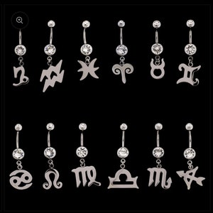 Puede incluir: Doce anillos de ombligo plateados con un cristal transparente y un símbolo del zodíaco colgante. Los símbolos son: Capricornio, Acuario, Piscis, Aries, Tauro, Géminis, Cáncer, Leo, Virgo, Libra, Escorpio y Sagitario.