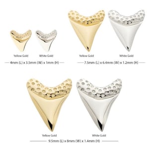 Puede incluir: Imagen de colgantes de diente de tiburón en oro amarillo y oro blanco, en tres tamaños. El colgante más grande mide 9,5 mm (L) x 8 mm (A) x 1,4 mm (H). Los colgantes tienen una parte superior texturizada.